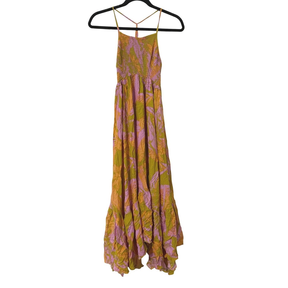 Free People Floral Smocked Orange Halter Midi Dress XS‎ Bohemian Festival Summer